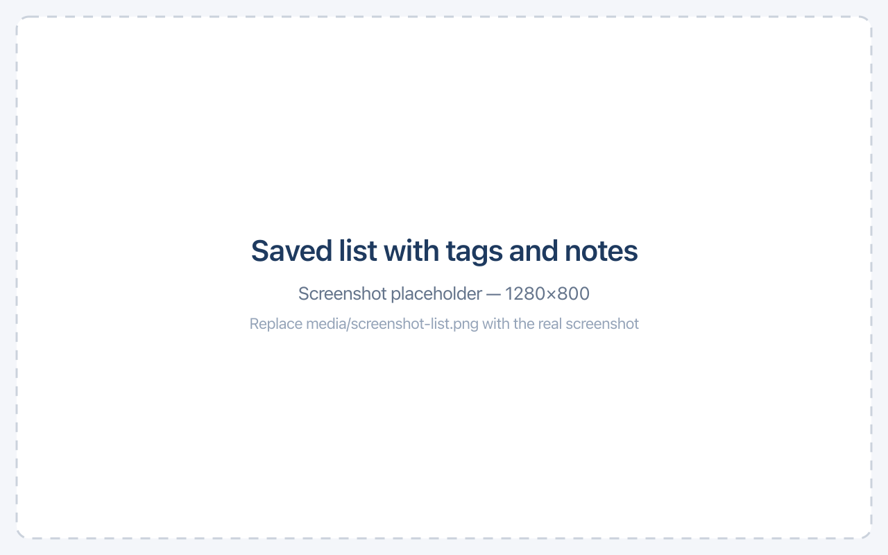 The saved list with tags, notes and a copy button
